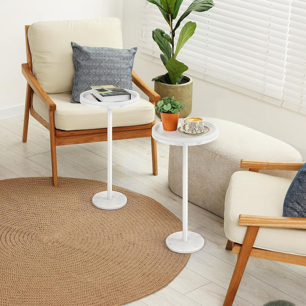 smusei Small Drink Table with Marble Base Round Side Table for Small Spaces Pedestal Side Table with Anti-Fall Guard for Living Room Bedroom Home Decor, White