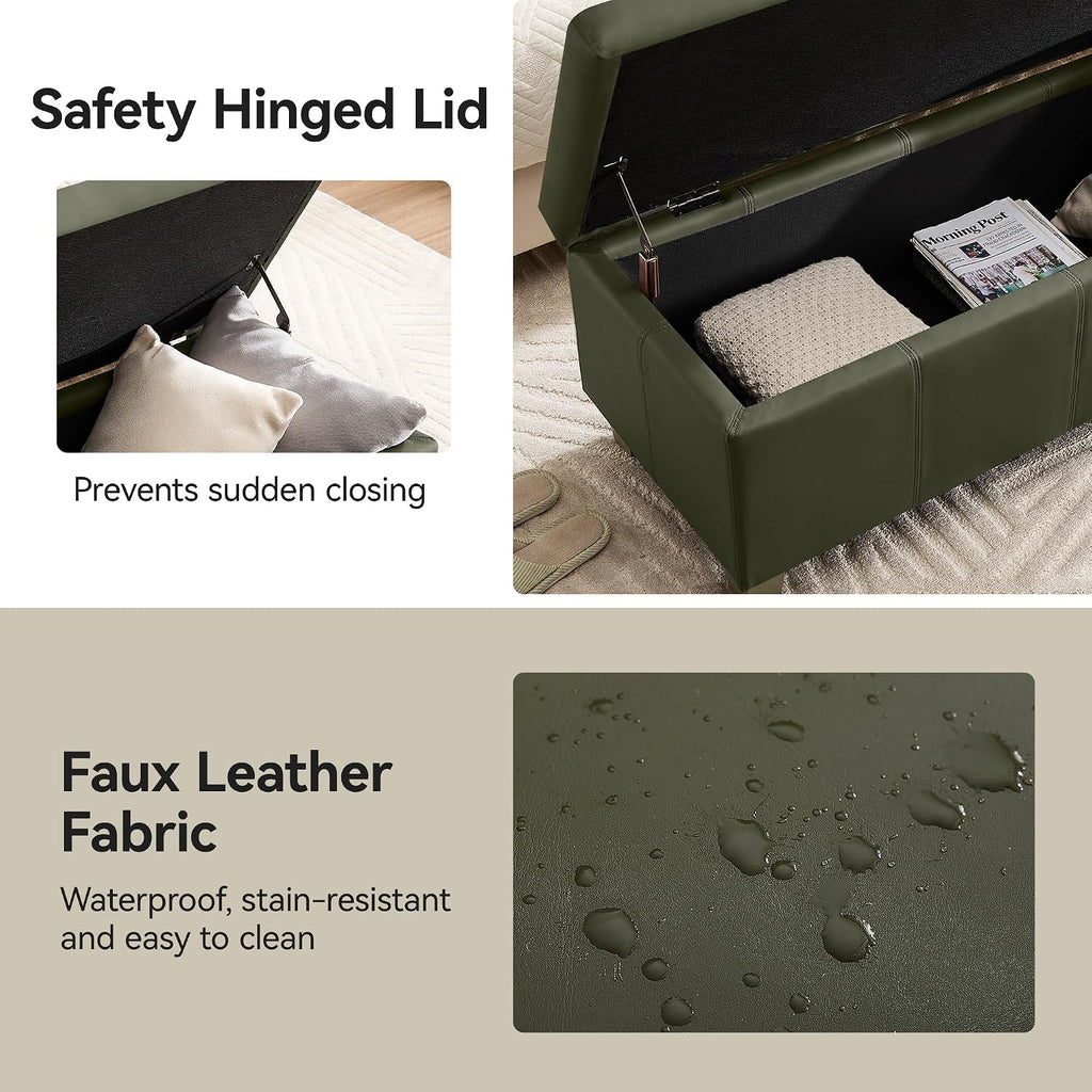 WUTUTUEE 41" Faux Leather Storage Ottoman, Stitch Tufted Rectangle Upholstered End of Bed Storage Bench, Entryway Large Couch Ottoman with Wooden Legs,Green