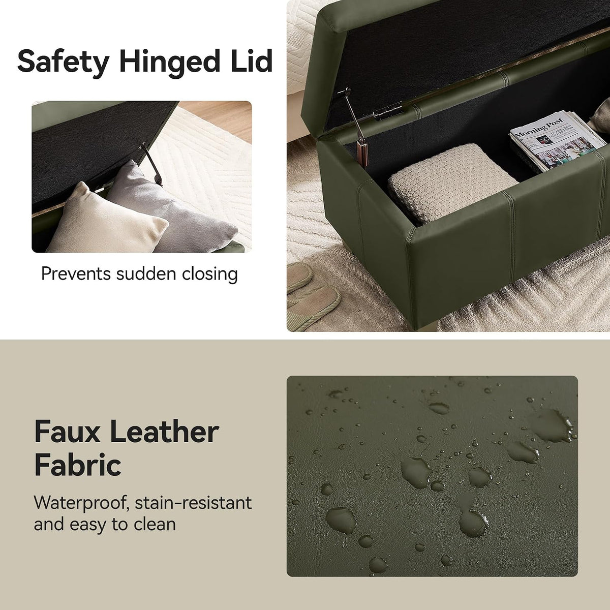 WUTUTUEE 41" Faux Leather Storage Ottoman, Stitch Tufted Rectangle Upholstered End of Bed Storage Bench, Entryway Large Couch Ottoman with Wooden Legs,Green