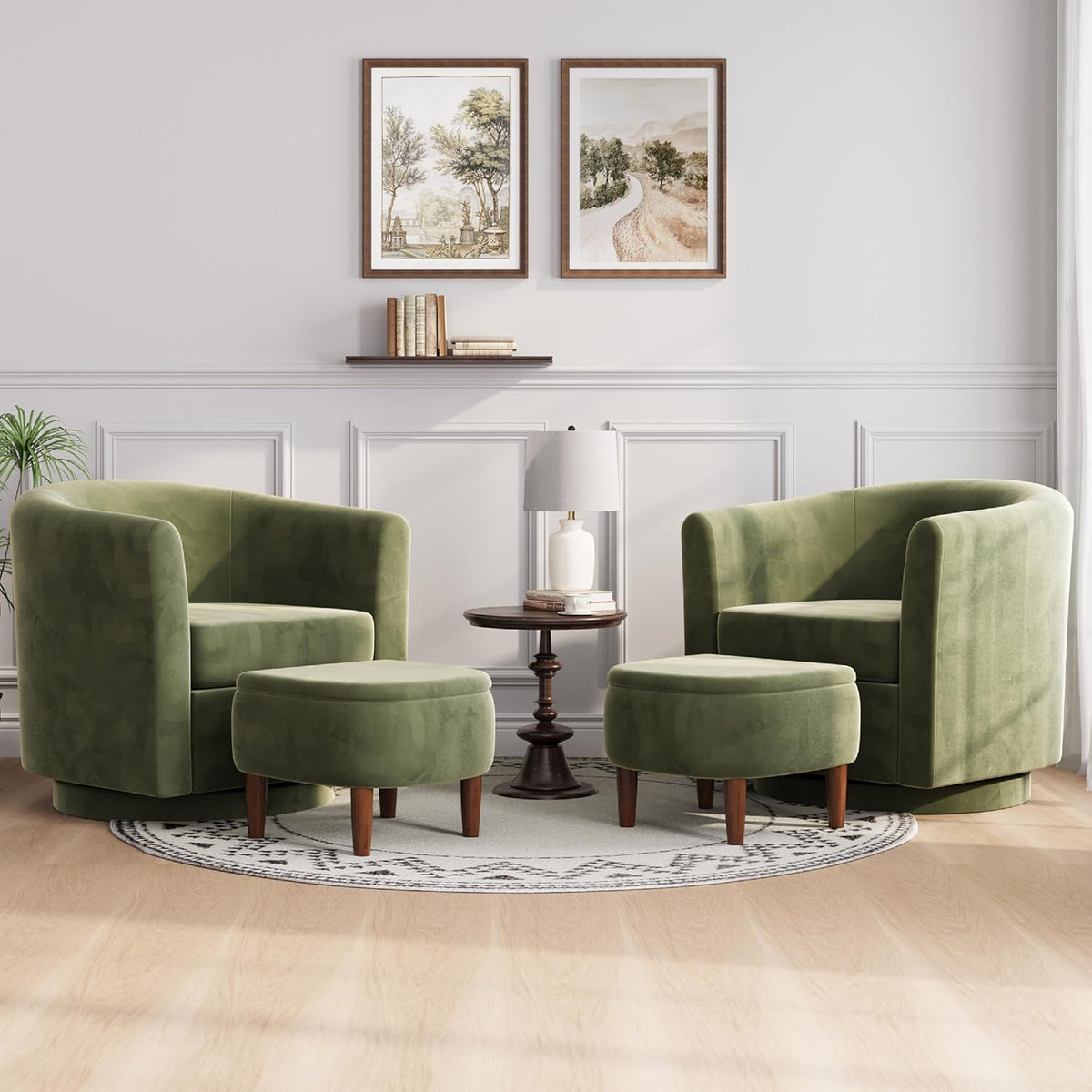 360° Swivel Accent Chair with Storage Ottoman Set of 2 | Small Modern Velvet Barrel Chair, Upholstered Armchair with Footrest for Living Room/Reading/Bedroom, Green