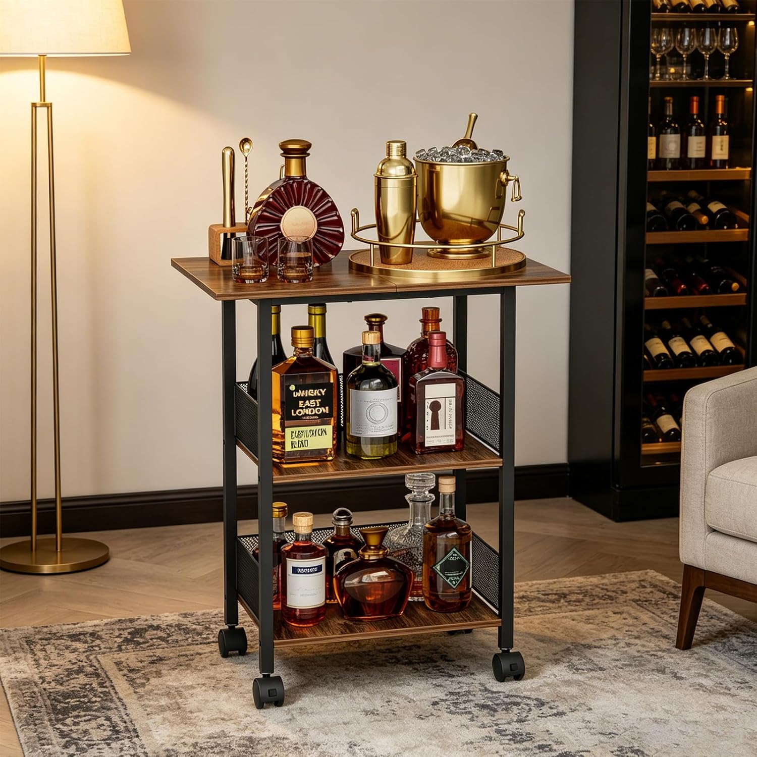 Bar Cart, Mobile 3-Tier Serving Cart with Lockable Wheels, Freestanding Wine Rack & Liquor Cabinet for Kitchen, Dining Room, Home Bar in Black