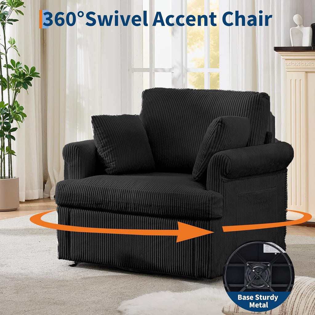 Garvee 39" Modern 360 °Swivel Accent Chair,Large Corduroy Accent Chairs with 2 Pillows,Comfy Upholstered Round Armchair Single Sofa for Living Room,Bedroom,Office,Reading,Black