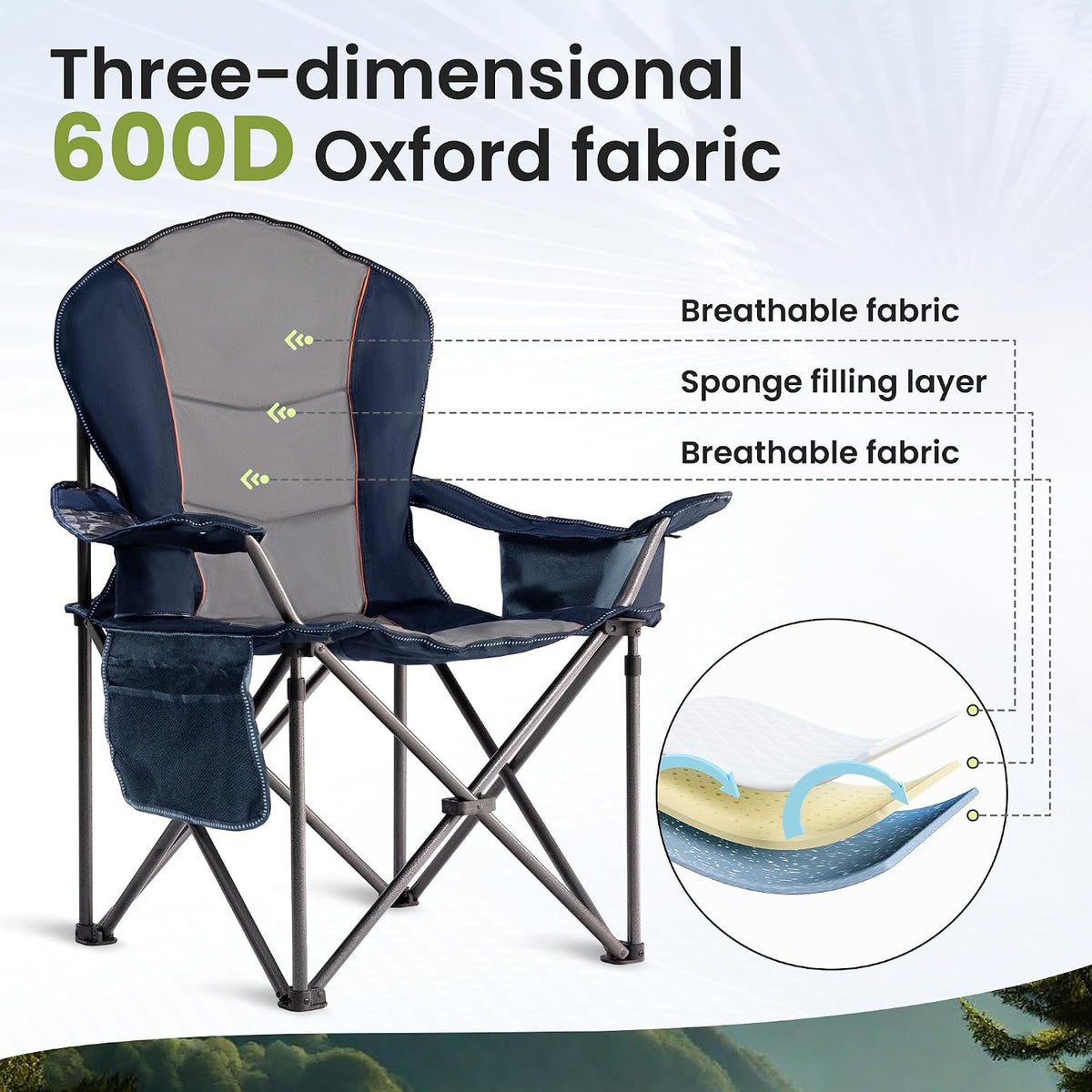 Oversized Camping Chair Heavy Duty- Portable Folding Chair, Cup Holder & Waterproof Phone Case for Adults, Beach, Hiking, Backyard (Blue & Gray, 2 PCS)