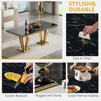 Luxury Marble Dining Table for 4 to 6, 68 inch Black Faux Marble Dining Table with Gold Stainless Steel Diamond Shaped Base, Modern Rectangle Kitchen Dining Room Table for Family Dinner Party