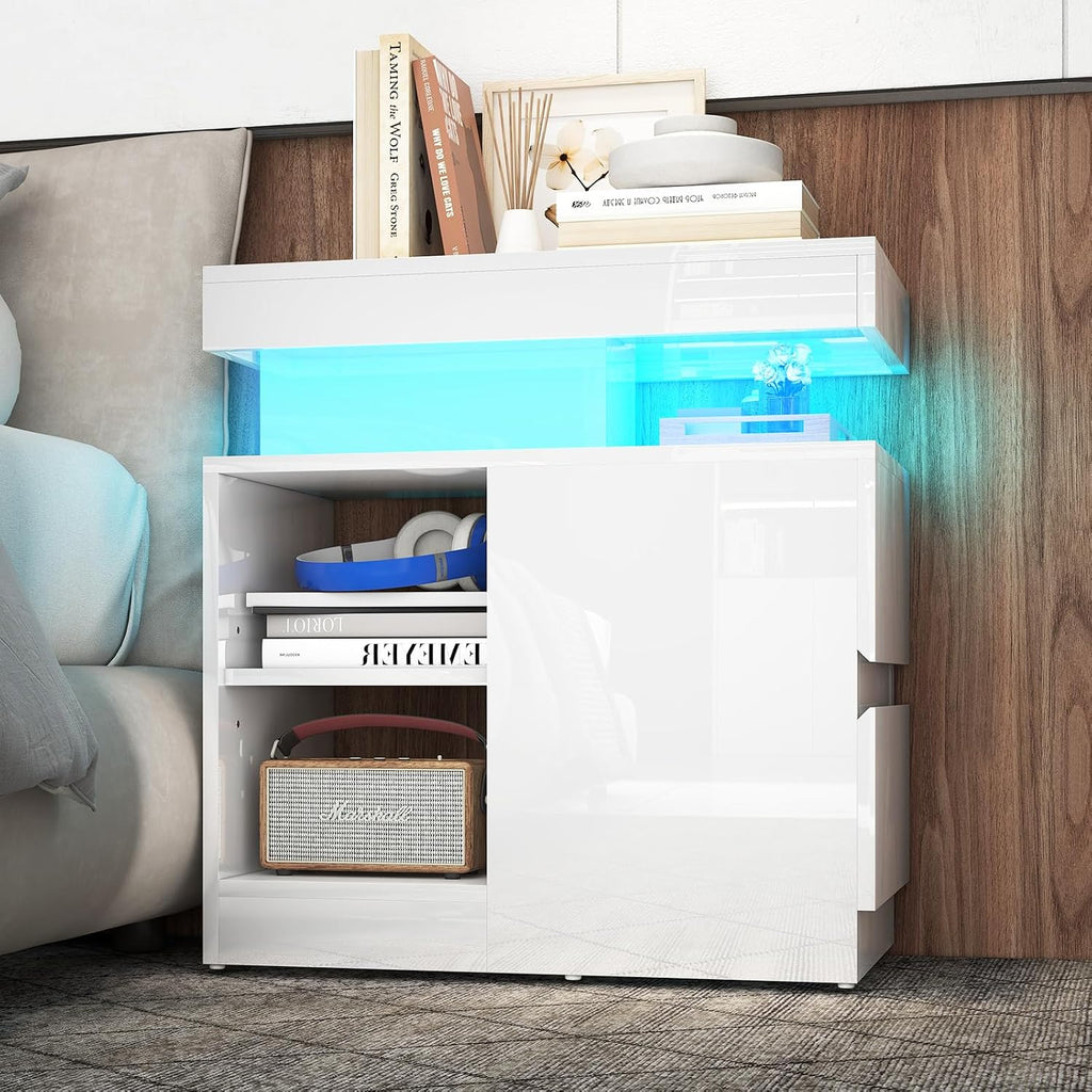 Verano Garden LED High Gloss End Table with Charging Station, Sofa Side Table with Drawer and Adjustable Shelf, Wood Bedside Table Nightstand with LED Light, Modern Side Table for Living Room, Bedroom