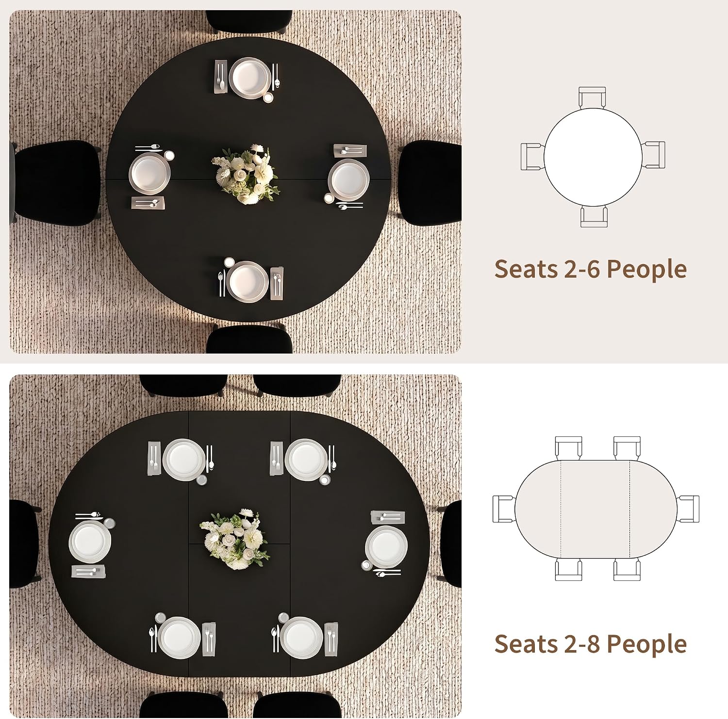 iPormis 43-59" Round Dining Table Set for 4, 5-Piece Kitchen Table & Chairs Set for 4, Extendable Dining Room Circle Table with 4 Upholstered Chairs for Small Space, Black Table + 4 Black Chairs