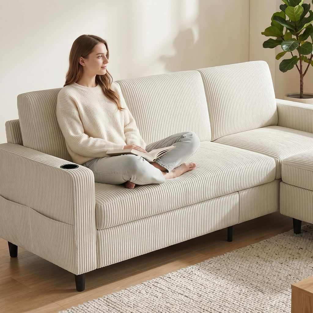 Convertible Sectional Couches for Living Room, 3 Seats L Shaped Sofa with Storage Ottoman & 2 Cup Holders, Modern Corduroy Couch Small Sofas for Small Space, Apartment, Office, Beige