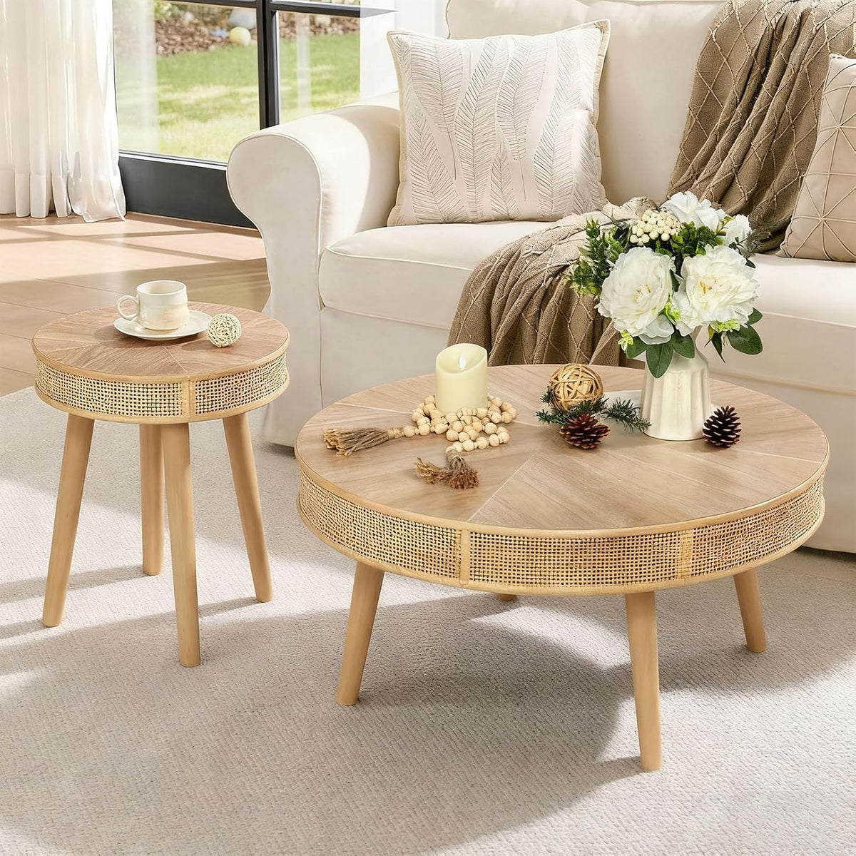 RUSTOWN 2-Piece Round Coffee Table Set with Rattan Accent, Soild Wood Leg, Farmhouse Modern Side Tables for Living Room, Boho Decor, Natural Finish