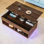 HOMMPA Lift Top Coffee Table with Storage for Living Room,Mid Century Modern LED Coffee Table, 3 Tiers Farmhouse Wood Center Tea Table with 2 Open Shelves，Walnut
