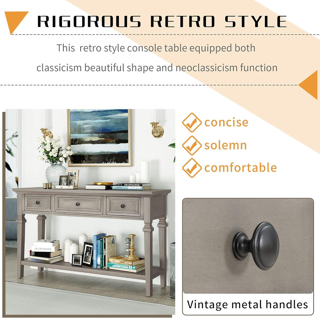 Knocbel 50" Retro Style Console Table Solid Wood Frame Sofa Table with Bottom Open Shelves and 3 Top Storage Drawers Entryway Table for Living Room, Coffee Bar, Hallway, Front Hall