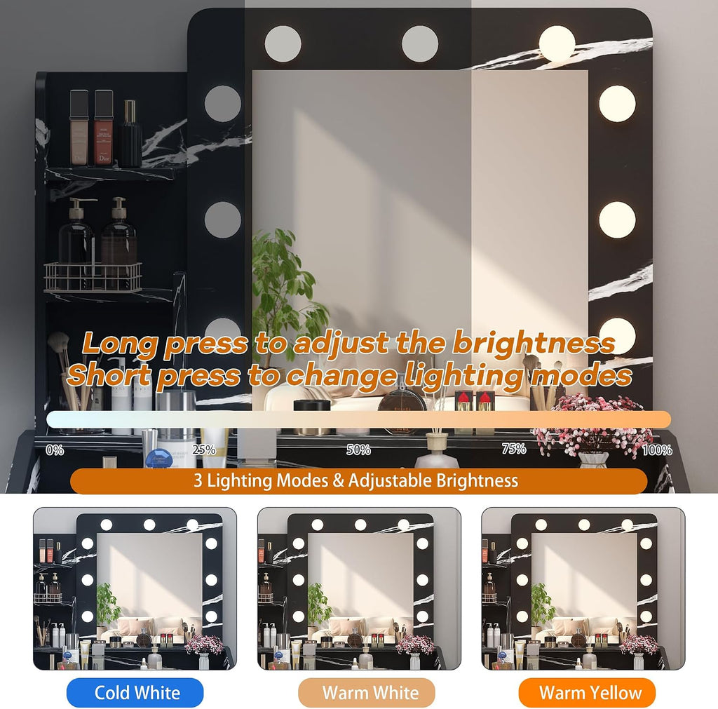 Patikuin Vanity Desk with Mirror and Lights for Bedroom, Marble Black Modern Makeup Table with 2 Drawers, 3 Light Modes & Dimmable LED, Includes Stool