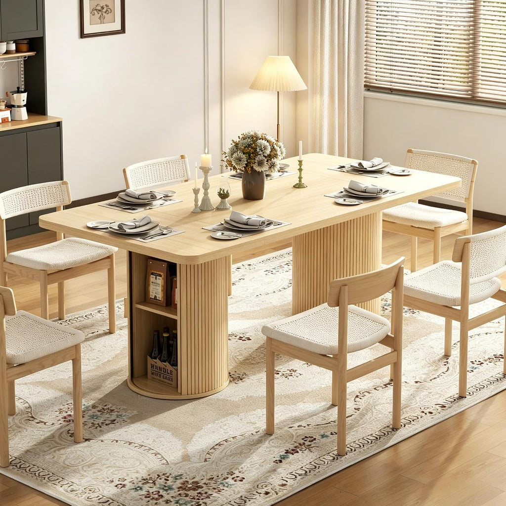 79" Rectangular Dining Table for 8-10, Wood Kitchen Table with 2-Layer Storage Shelf & Sturdy Base, Mid Century Modern Dinner Table with Wide Tabletop for Dining Room, Living Room