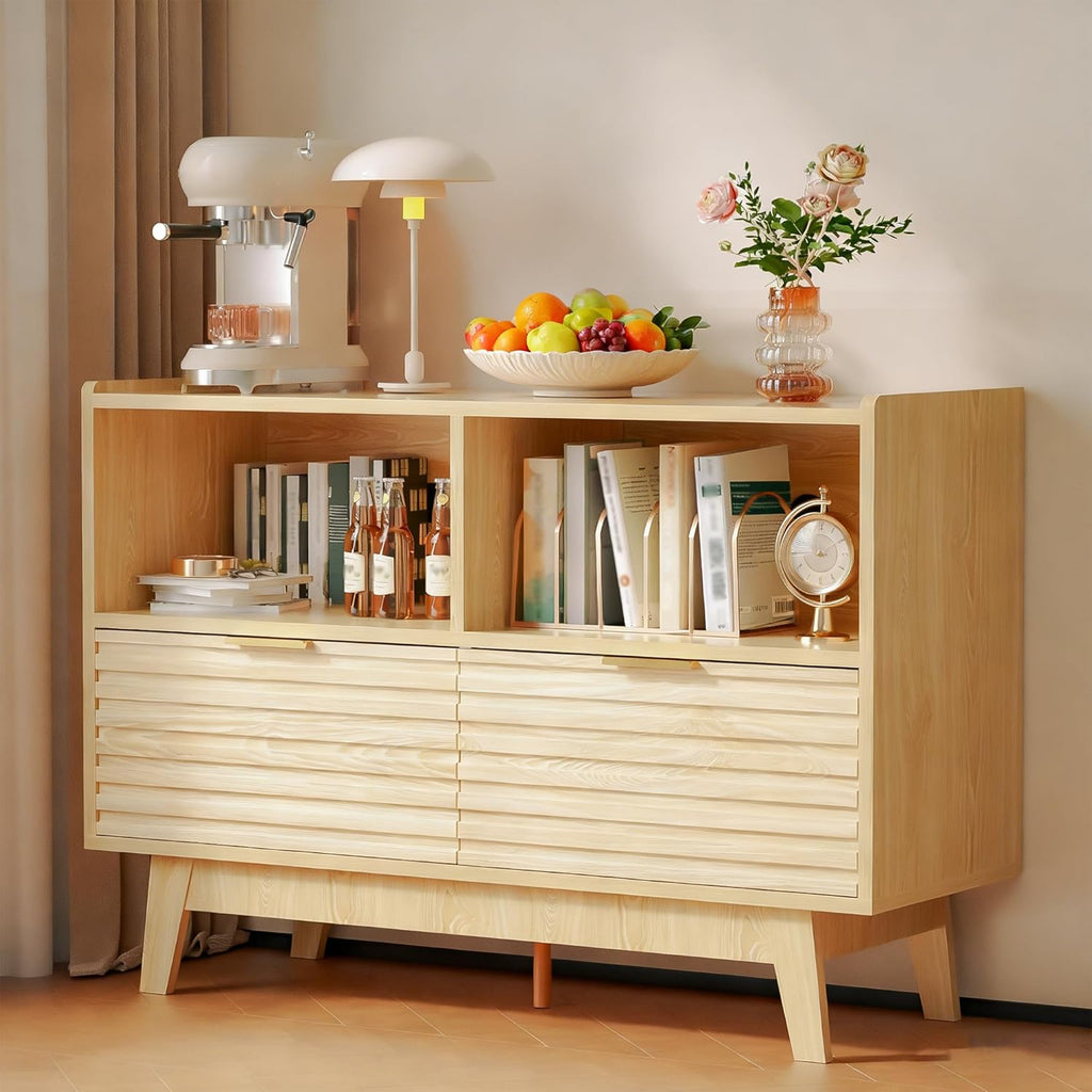 Fluted Buffet Sideboard Oak, Modern Storage Cabinet w/Cord Cutout, Accent Cabinet with Solid Wood Legs, Console Table w/Swing Doors & Open Shelves, Credenza for Living Room, Hallway, Entryway