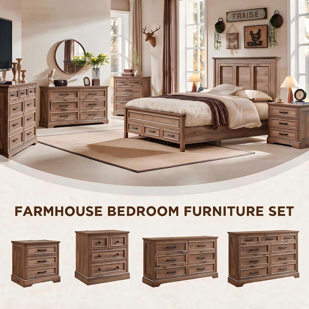 ACCOHOHO Farmhouse King Size Bed Frame with 53" Tall Headboard, Light Brown