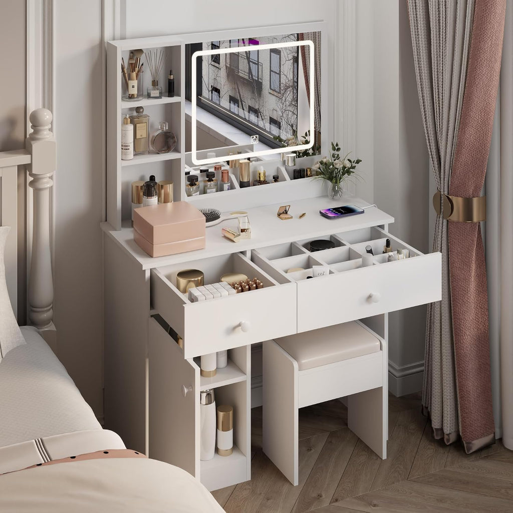 Vanity Set with Mirror and Stool and Lights, with Power Outlet,Dressing Table with Vanity Benches,for Girls Women with Storage Stool,for Bedroom with Chair (White)