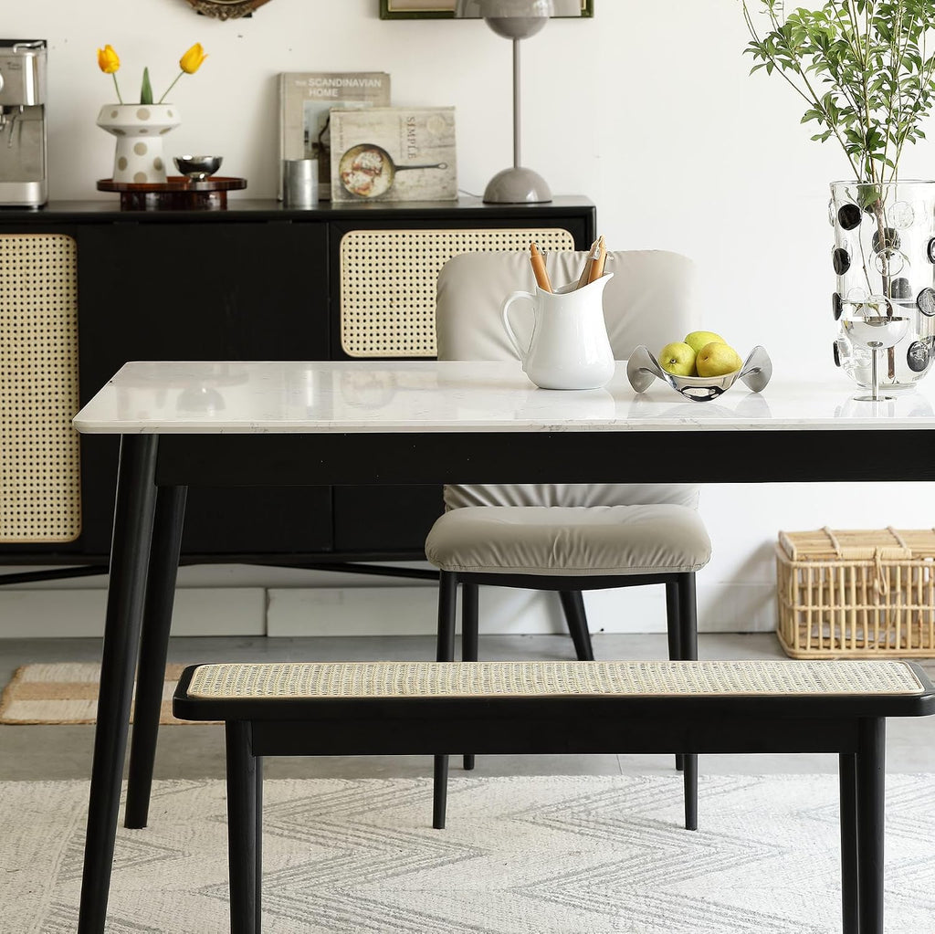 47.24" Modern Oak Wood Dining Bench with Woven Rattan Seat Solid Wood Entryway Bench for Bedroom End of Bed Living Room, Black
