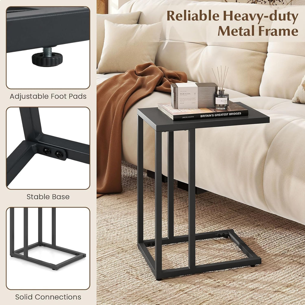 HAPPYGRILL C-Shaped Side Table with Metal Frame, Adjustable Foot Pads, Small Industrial End Table for Couch Sofa, Living Room Bedroom Office(1)