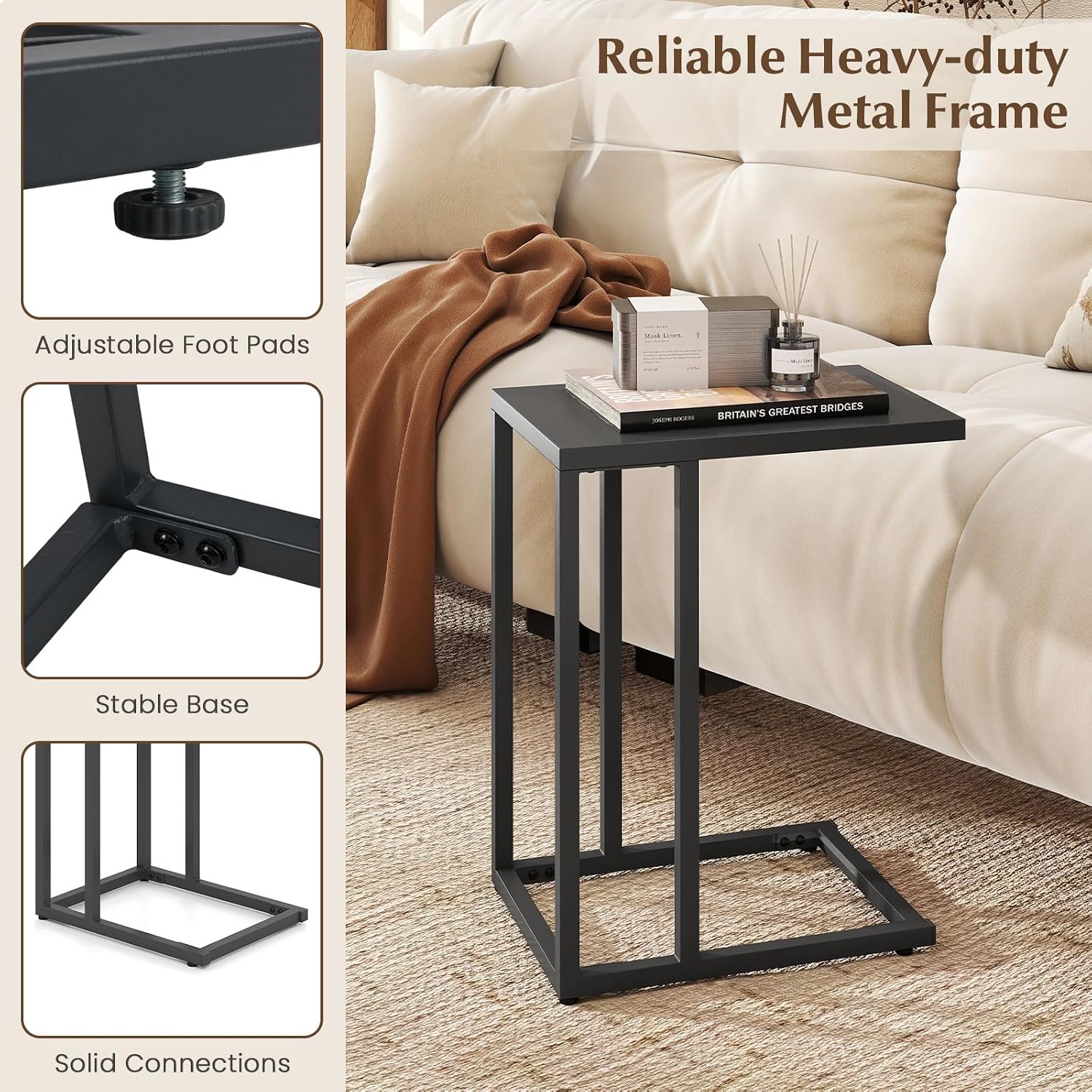 HAPPYGRILL C-Shaped Side Table with Metal Frame, Adjustable Foot Pads, Small Industrial End Table for Couch Sofa, Living Room Bedroom Office(1)