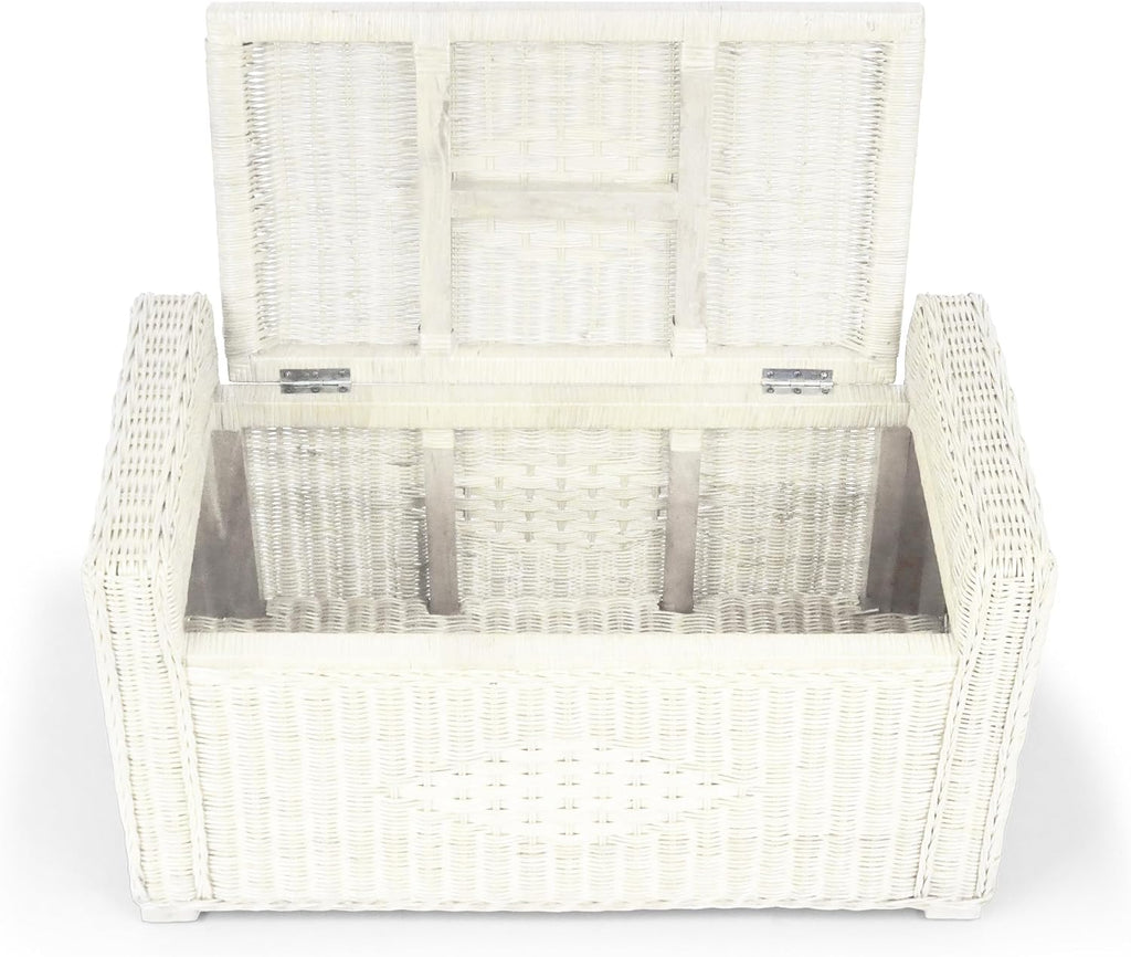 Bruno Handmade 32 Inch Rattan Wicker Chest Storage Trunk Organizer Ottoman W/Cushion White Color