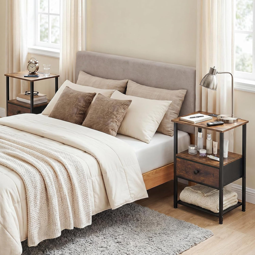 LOAKEKEL Nightstands Set of 2 with Charging Station, Side Tables Bedroom | Night Stand Set 2, End Tables Living Room with Type-C, Fabric Drawer & Open Shelves, Rustic Brown