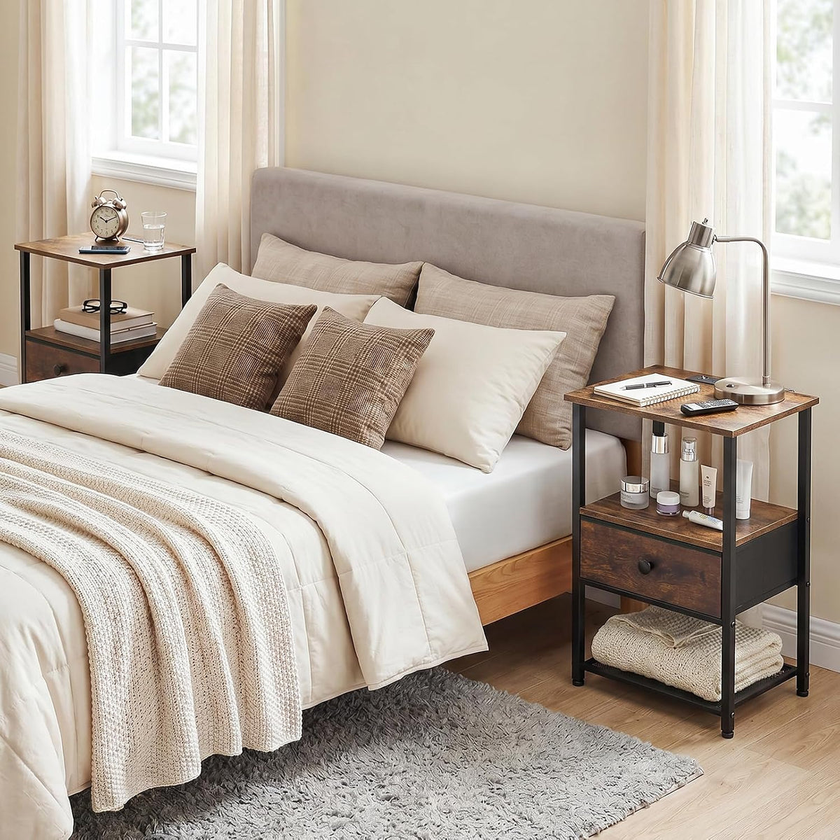 LOAKEKEL Nightstands Set of 2 with Charging Station, Side Tables Bedroom | Night Stand Set 2, End Tables Living Room with Type-C, Fabric Drawer & Open Shelves, Rustic Brown