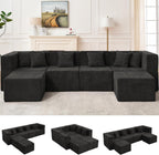 MONVANE 130'' Modular Sectional Cloud Couch for Living Room, 6 Seater Convertible Chenille Couches Set with Ottoman & Pillow, No Assembly Compression Sofas, Comfy Floor Sofa with Memory Foam, Black