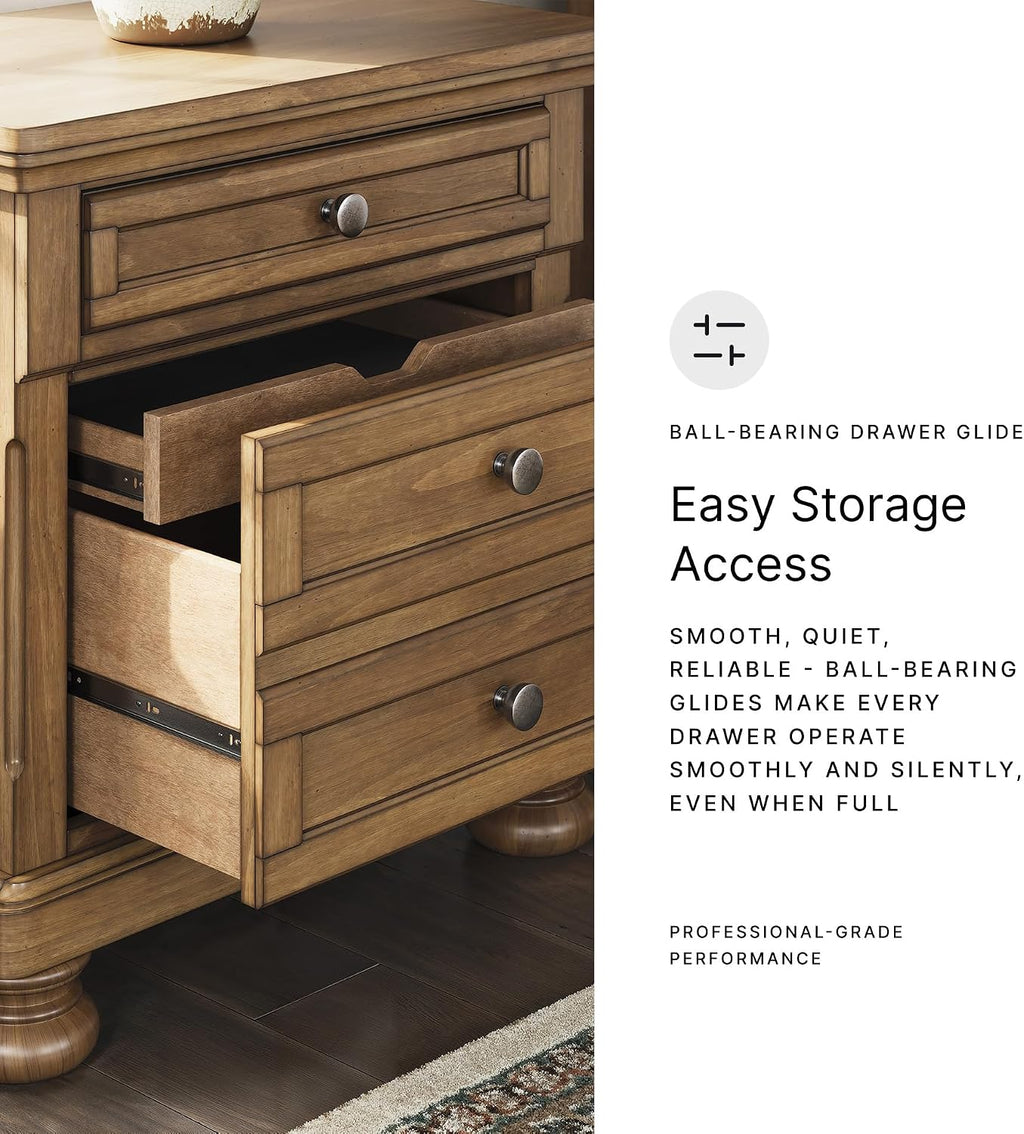 Signature Design by Ashley 2-Drawer Wood Nightstand, Chestnut Brown | Poplar solids, Pine veneer and MDF substrate, 30 in height, English dovetail construction, Hidden tray, Glarrison Series