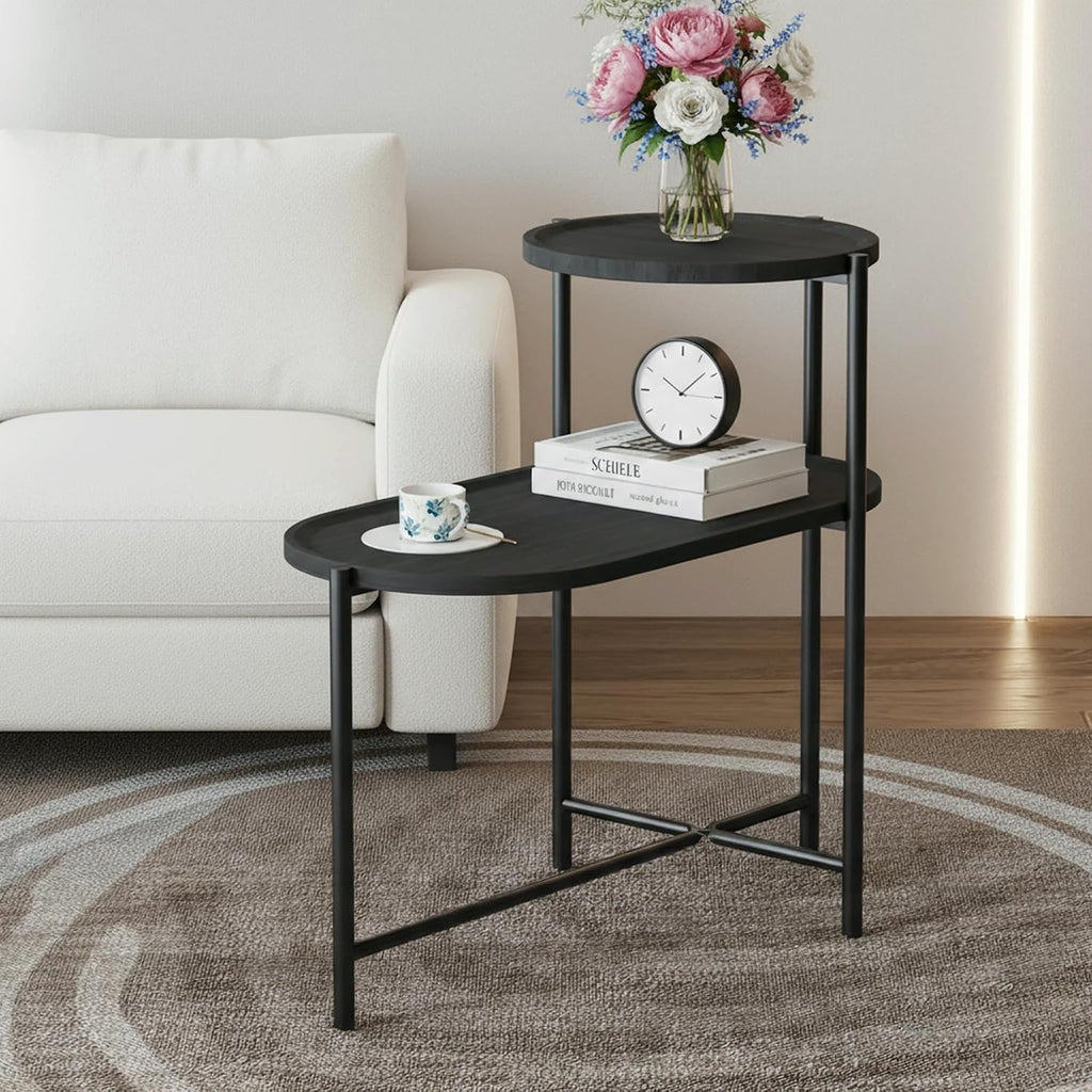 2 Tier Oval Side Table, Modern X-Leg End Table with Round Storage Tray, Black Metal Frame & Wooden Tabletop Design for Living Room, Bedroom & Office (Black)