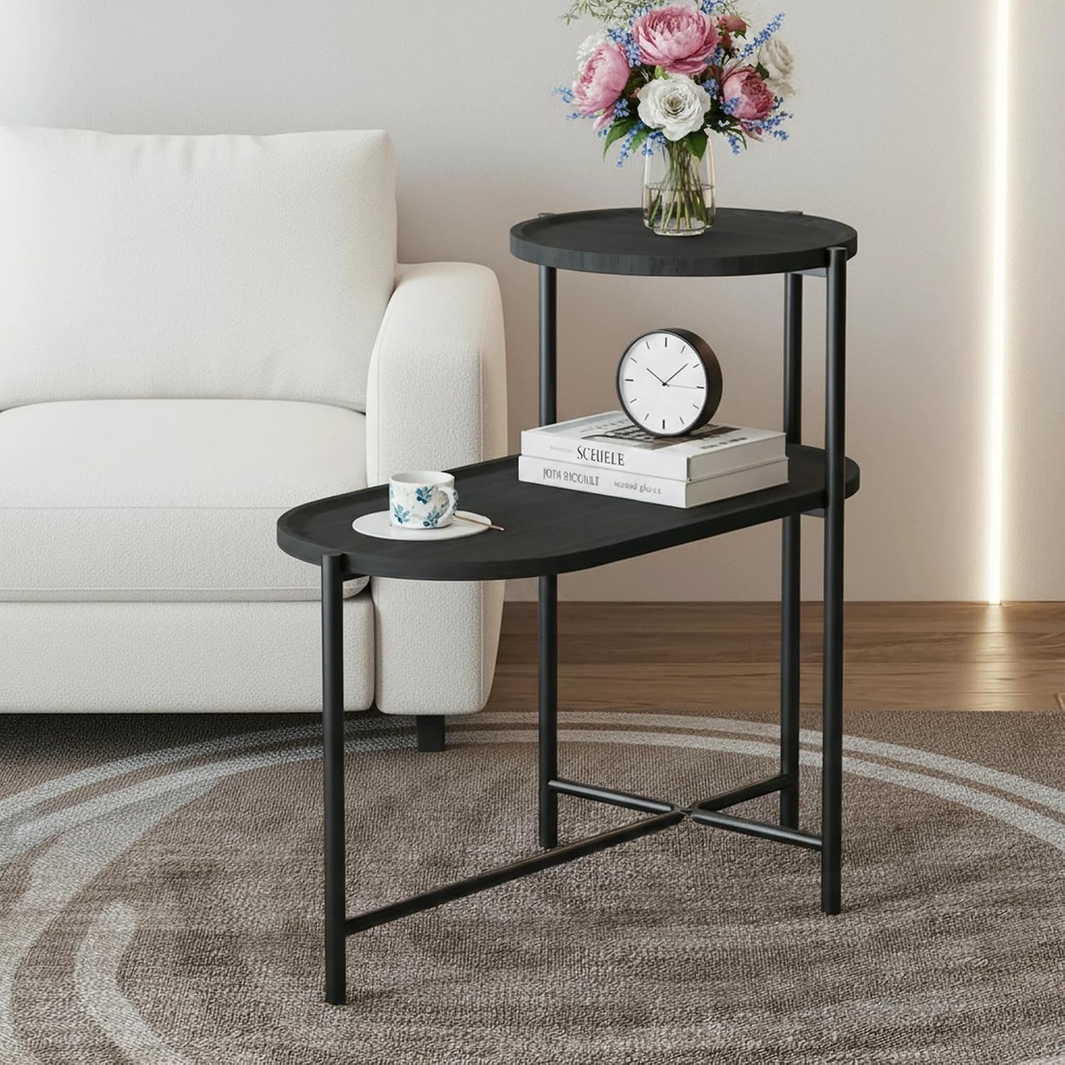 2 Tier Oval Side Table, Modern X-Leg End Table with Round Storage Tray, Black Metal Frame & Wooden Tabletop Design for Living Room, Bedroom & Office (Black)