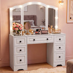senlin Vintage Vanity with Lighted Mirror & Outlet (White) | Retro dressing table with 5 drawers and glass top. Third-fold lighted mirror for bedroom. Power outlet suitable for women.