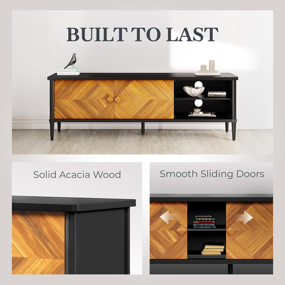 Howizz Lenia 63" Solid Acacia Wood TV Media Console 65 70 75 Inch | Farmhouse Rustic Mid Century Modern TV Stand Living Room, Entertainment Center Storage & Cabinets, Black Brown Teak