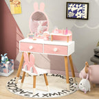 Costzon Kids Vanity, Girls Vanity Set with Mirror & Stool, 2 Large Drawers, Storage Shelf, Wooden Princess Makeup Dressing Table, Kids Vanity Table and Chair Set (Pink)