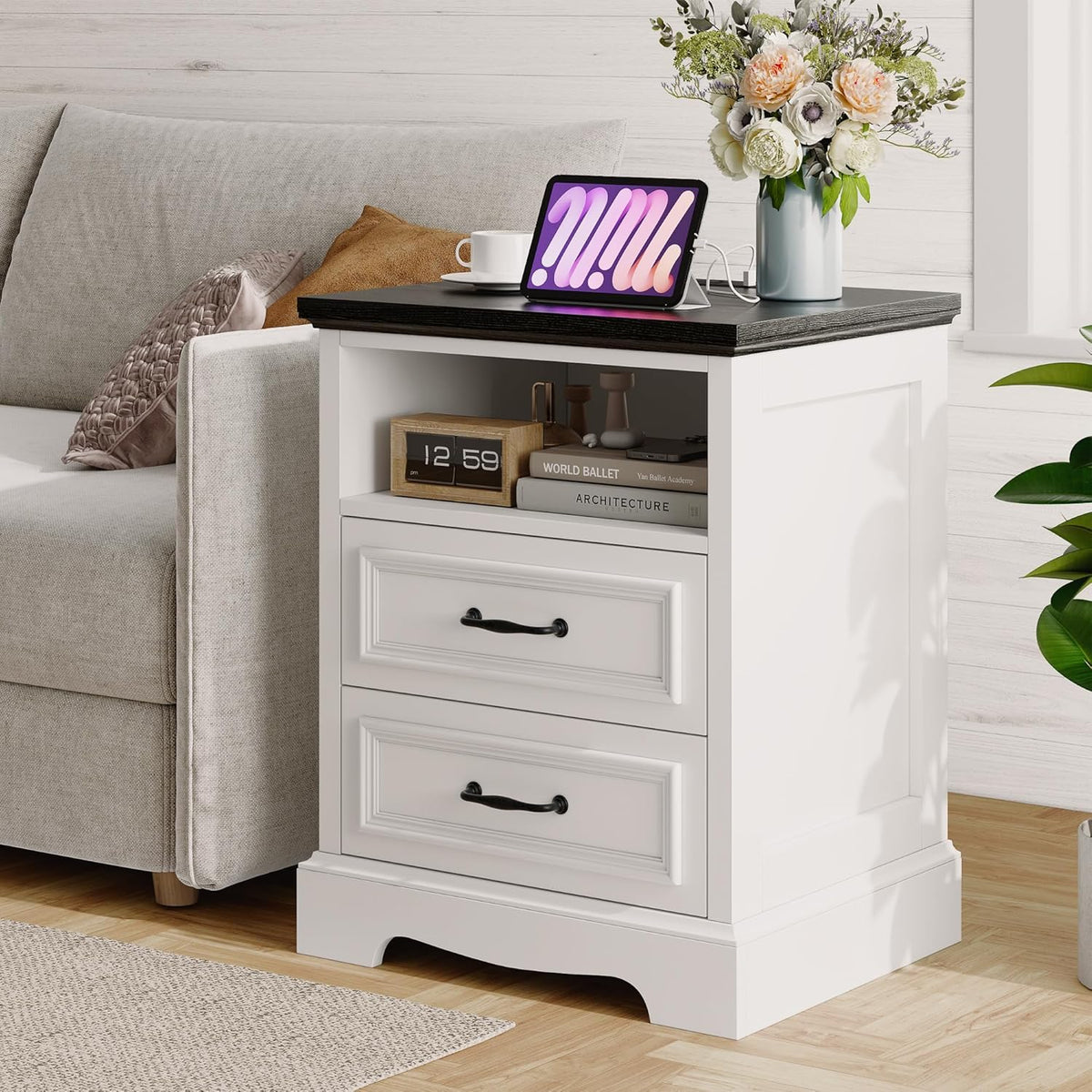 18" Farmhouse Nightstand Set of 2 with Charging Station, White End Table with 2 Drawers Storage, Wood Night Stand Side Table, Modern Bedside Cabinet for Bedroom Living Room, Dresser for Small Place