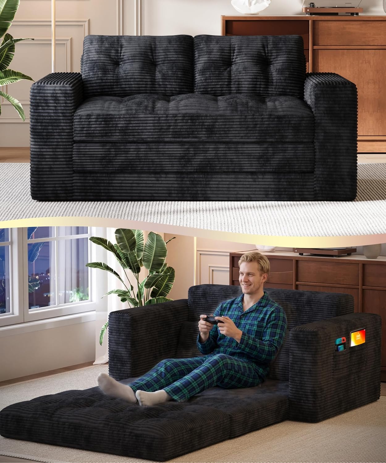 Gizoon Couch Bed Small Floor Couch 59" Convertible Sleeper Sofa | Folding Sofa Bed with 2 Pillows & Memory Foam, Corduroy Pull Out Couch for Small Spaces, Apartment, Living Room, Black