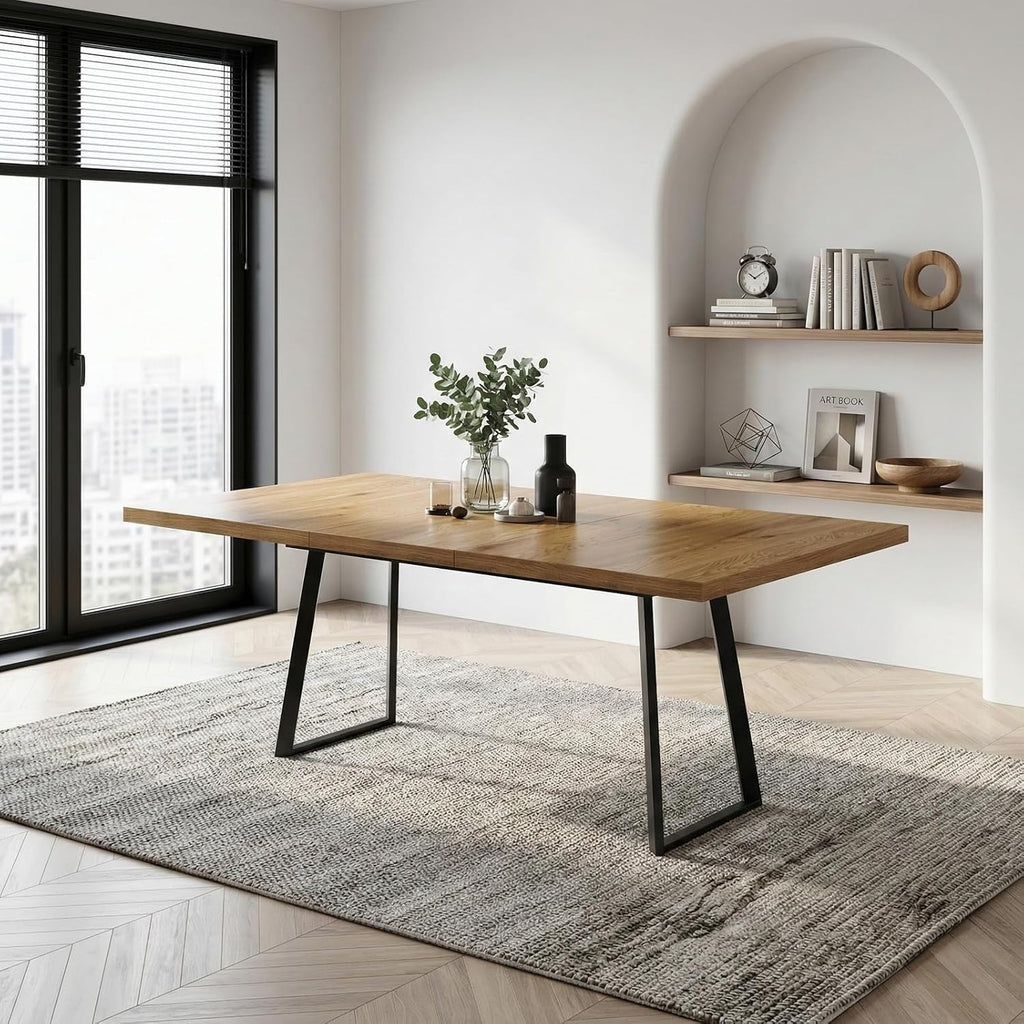 Modern Extendable Dining Table with 15.35" Butterfly Leaf, 47" to 63" Folding Kitchen Table for 4-6 People, Industrial Wood Top with Heavy Duty Metal U-Shape Legs, Space Saving Table for Dining Room