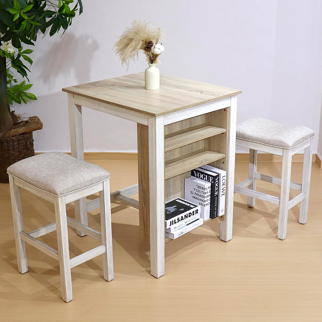 3-Piece Wooden Dining Table Set, Kitchen Island with Seating for 2, Kitchen Bar Table with Stools, Counter Height Dining Table Set, Weathered Birch & Antique White, Farmhouse Style