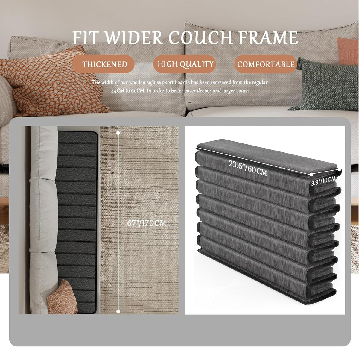 Heavy Duty Couch Cushion Support Board for Sagging Sofa, 24" x 70" Sofa, Thick Plywood Boards Add Strong Seat Supports, Stays in Place, Replacement Stuffing Under Couches