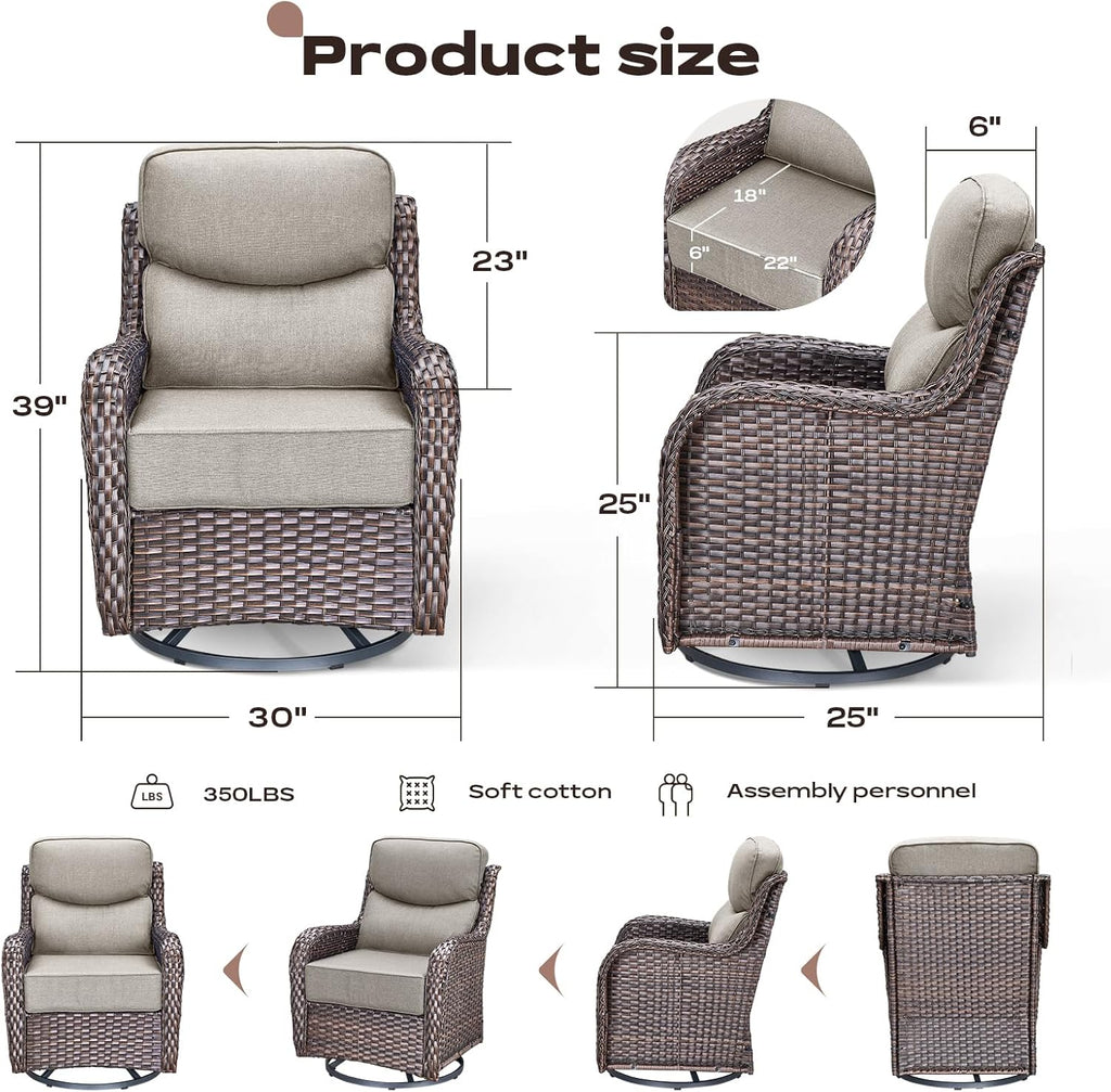 Rilyson Outdoor Swivel Rocker Chairs - All Weather Resistant Wicker Patio Furniture Set of 2 with High Back and 6 inch Thick Cushions for Deck Porch Yard and Poolside, Brown/Beige