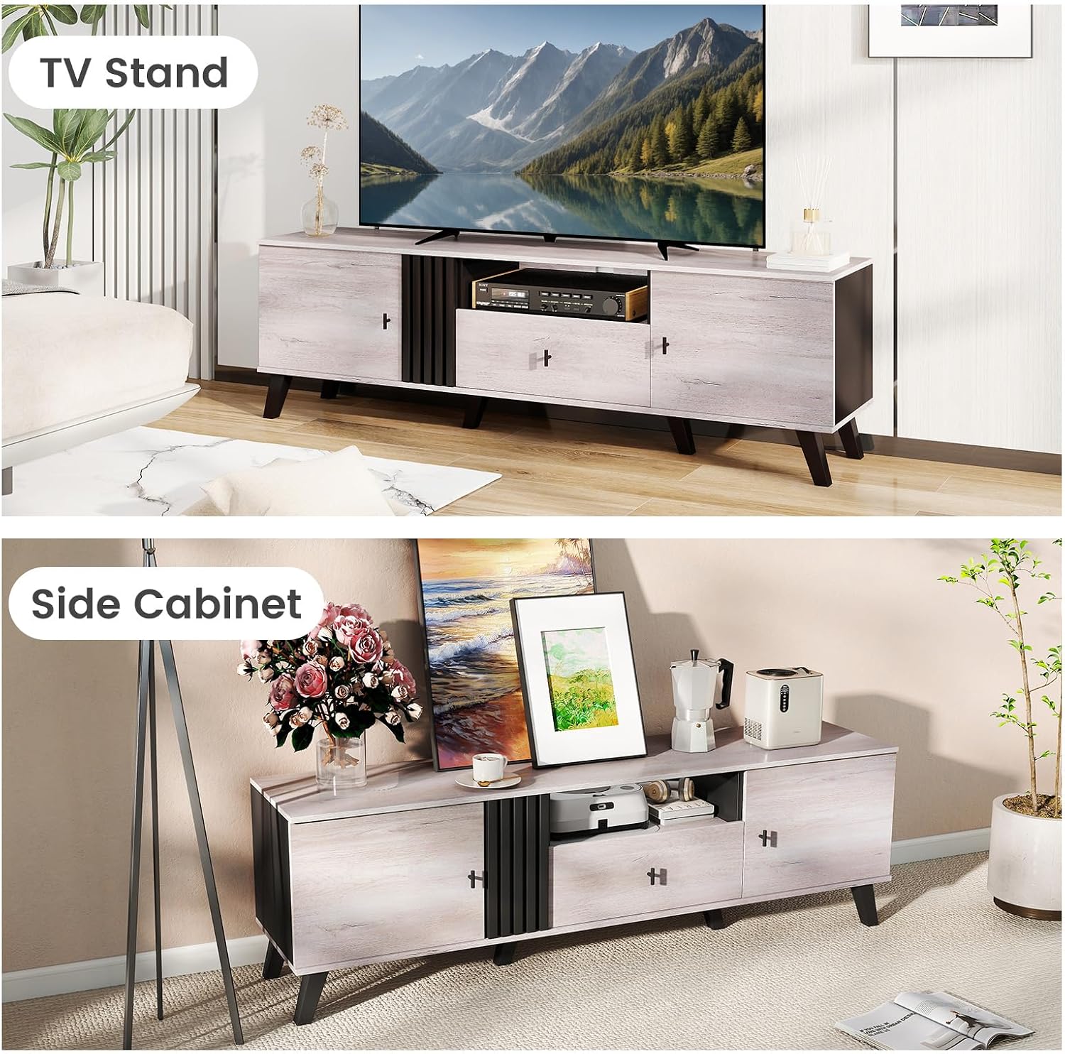 GIANTEX Mid Century Modern TV Stand for 65-80 Inch TV, Large Entertainment Center with Storage Drawer, 2 Side Cabinet &Open Shelf, Wood TV Console Table for Bedroom, Living Room