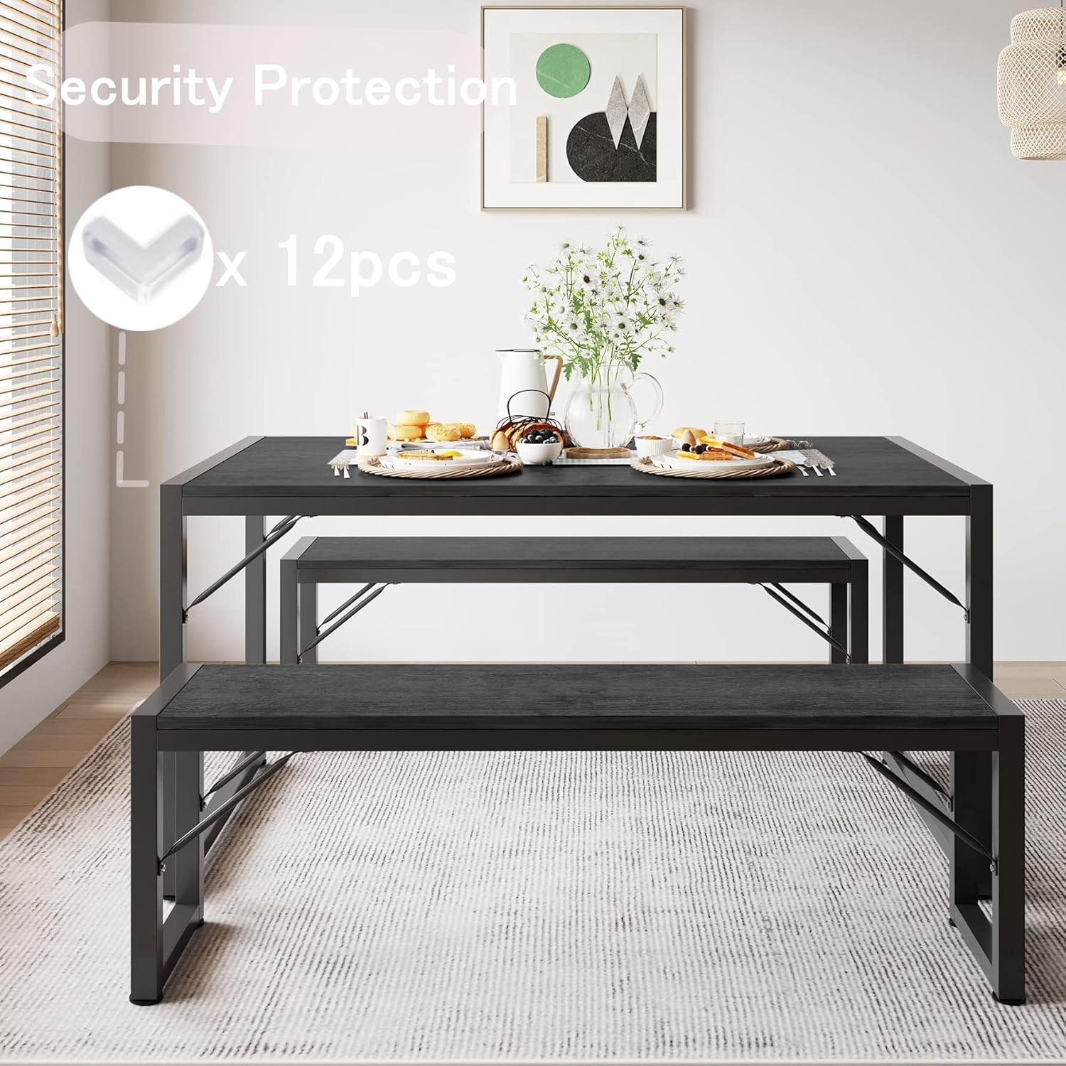 Gizoon 45.5" Dining Table Set for 4, Kitchen Table with 2 Benches Black | Space-saving black 4-person table set with 2 benches. Steel frame & MDF board. Benches tuck under table. 330lbs capacity.