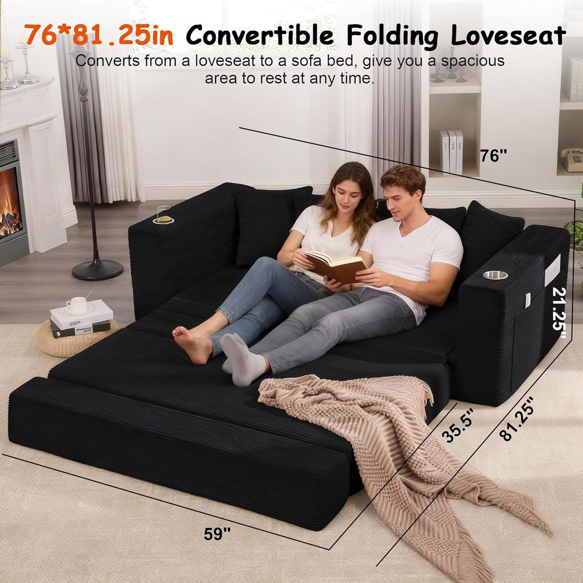 76" Convertible Sofa Bed, Corduroy Couch with Cup Holders & Pocket | 2-in-1 Sleeper Sofa, Pull-out Couch Bed with 5 Pillows, Living Room, Small Spaces, Bedroom, No Assembly