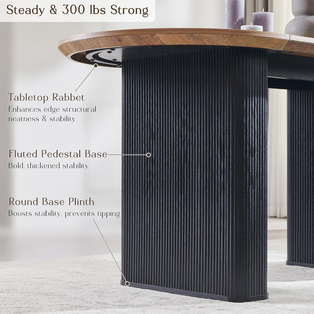 T4TREAM 63" Fluted Oval Dining Table for Kitchen Living Room,Brown&Black
