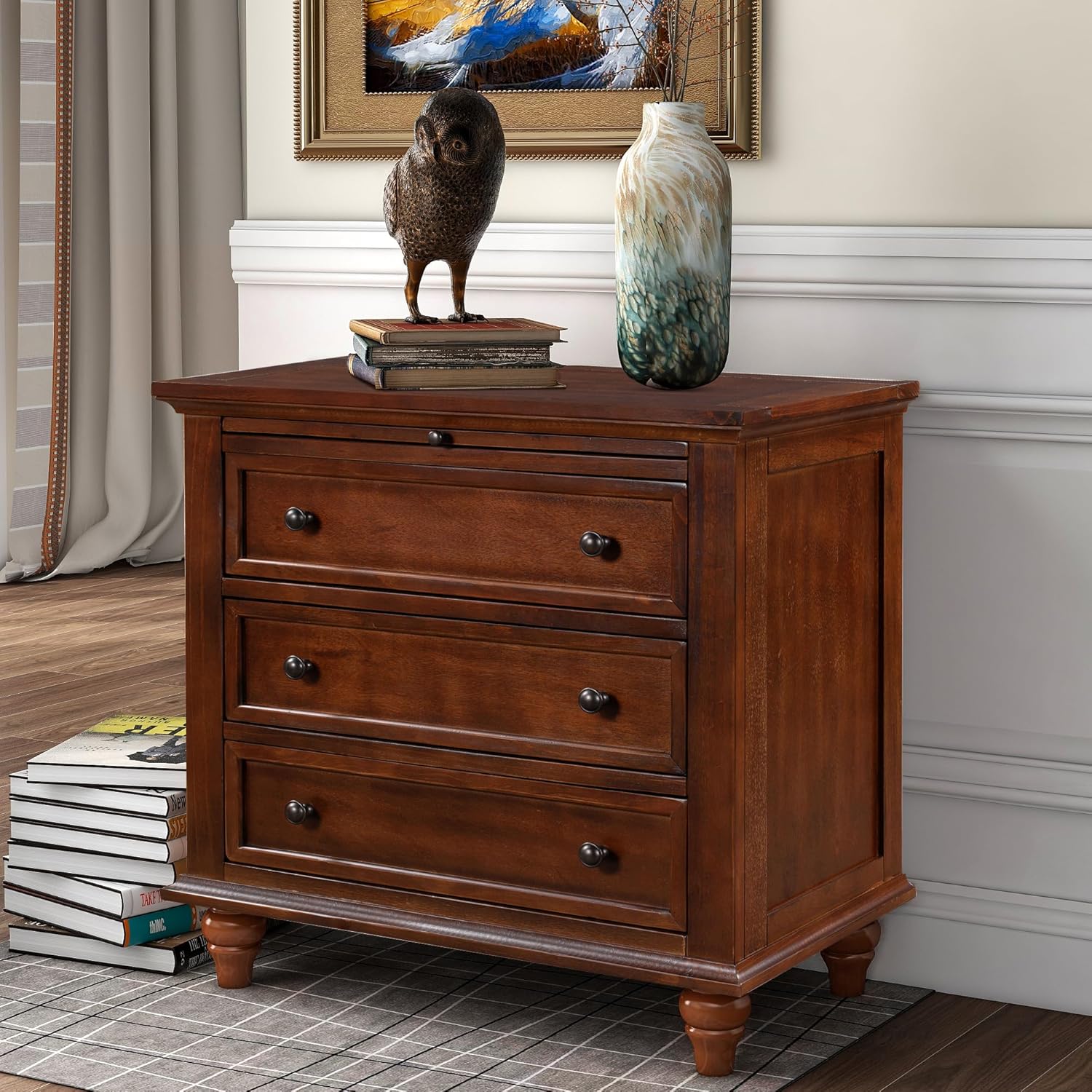 3-Drawer Storage Wood Cabinet, End Table Set of Two with Pull Out Tray,Nightstand with 4 Round Wood Legs,for Bedroom LivingRoom Office Study (Brown@3)