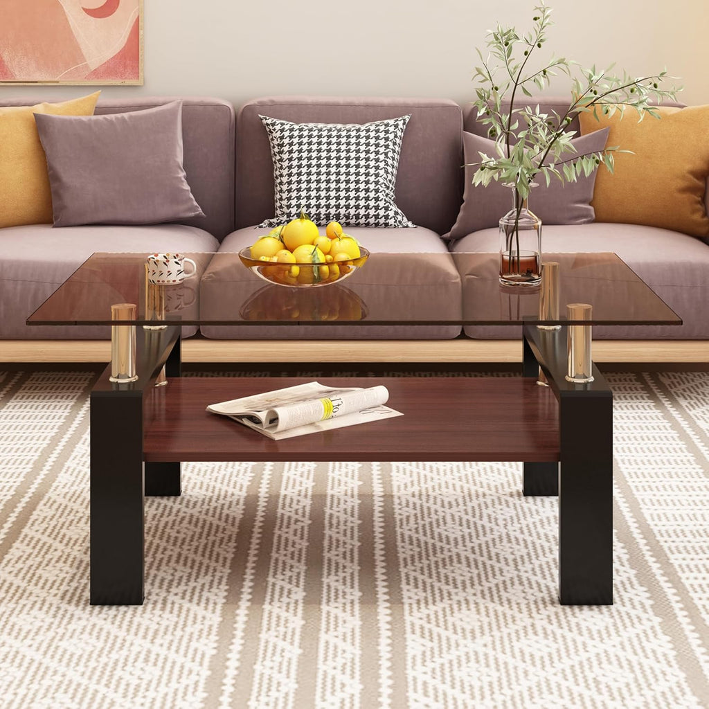 Brown Glass Coffee Table Sets of 3 for Living Room, 39" Mordern End Tables with Storage, Walnut Wooden Shelves & Black Metal Leg, Rectangle Center Table for Small Space Apartment
