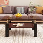 Brown Glass Coffee Table Sets of 3 for Living Room, 39" Mordern End Tables with Storage, Walnut Wooden Shelves & Black Metal Leg, Rectangle Center Table for Small Space Apartment