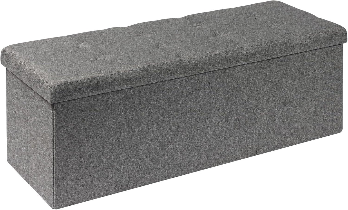 PINPLUS Folding Storage Ottoman Bench, Grey Linen | Linen Storage Chest with Padded Seat, Blanket Organizer, Footrest Stool and End of Bed Bench for Bedroom or Living Room