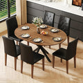 Round Dining Table Set for 6, 43-59" Extendable Dining Room Table Set, Walnut Wood Grain Table and 6 Black PU Leather Upholstered Chairs Set, Mid Century Modern Kitchen Table Set with Cross Legs