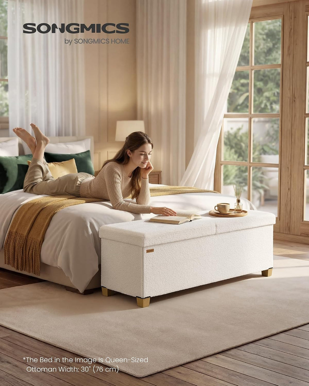 SONGMICS Storage Ottoman Bench with Legs, Flipping Lid, 43.3 Inches | Folding Ottoman Foot Rest, Teddy Fleece, for Living Room, Bedroom, Entryway, Cream White, Mazie Collection ULSF081WD01