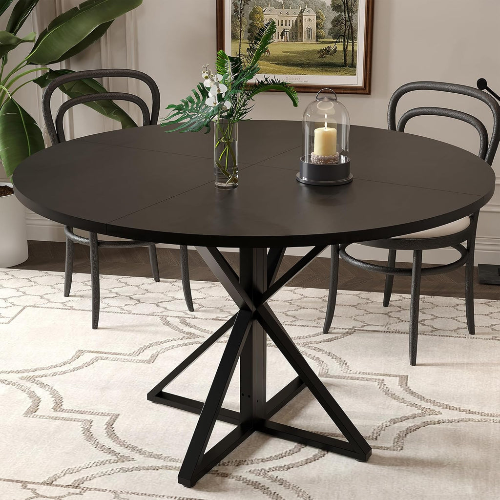 IDEALHOUSE 47 Inch Round Dining Table for 4, Farmhouse Kitchen Table with Metal K-Base, Black Circle Wood Table for Dining Room, Kitchen, Apartment & Living Room (Table Only)