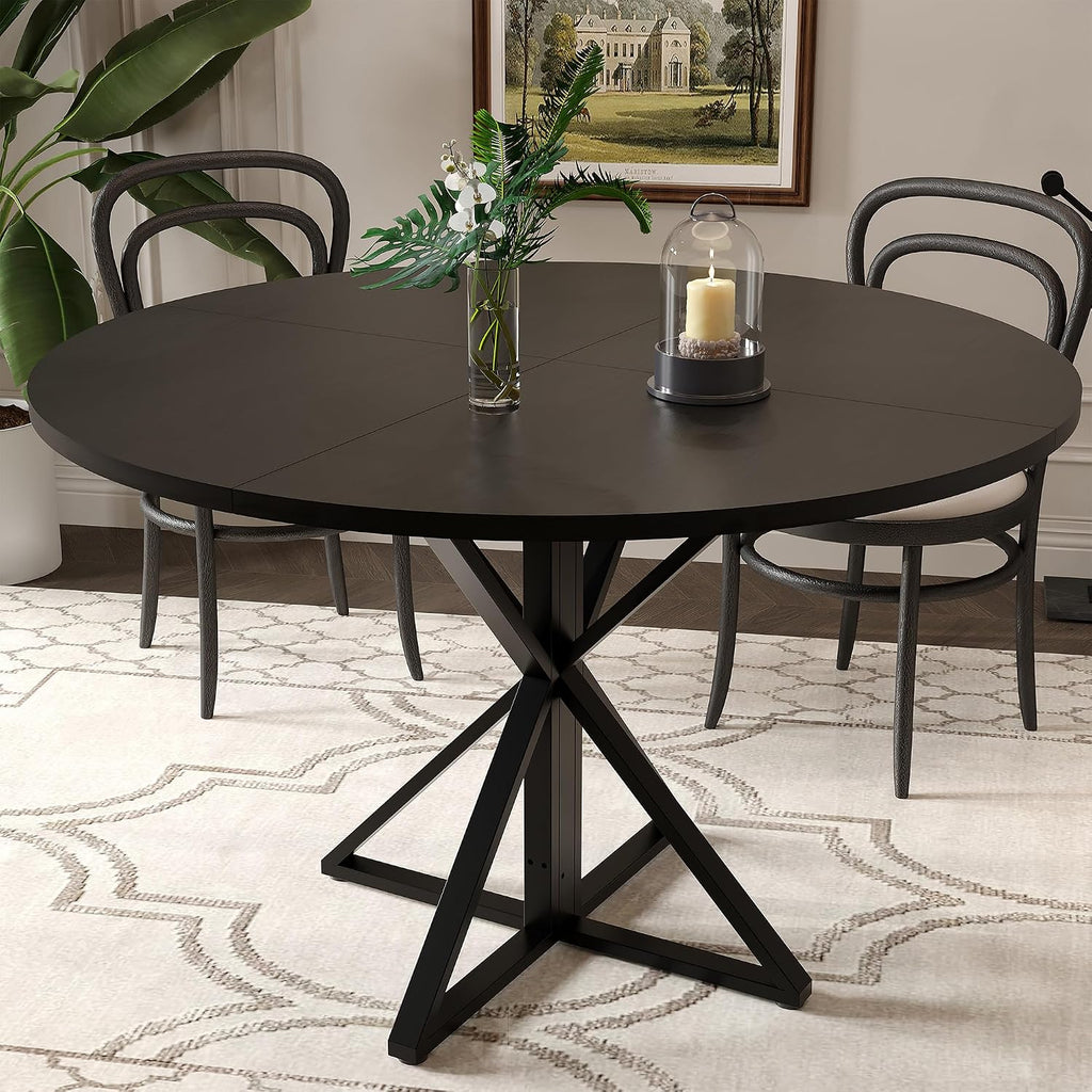 GarveeHome 47 Inch Round Dining Table for 4, Circle Kitchen Table with Pedestal Base, Farmhouse Wooden Dining Table for Small Spaces, Kitchen & Dining Room, Living Room（Black/Only Table）